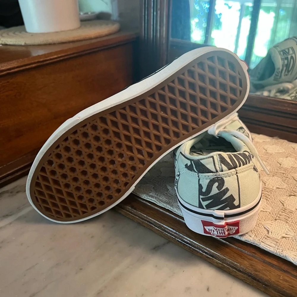 VANS Off the Wall Classic Low Top Logo Collage Sneakers Mint Green Black Wms 6.5